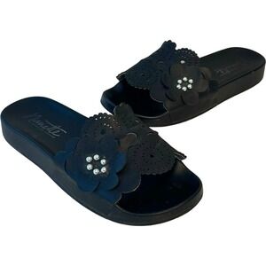 Nanette Lepore Womens Maria Slides Black Faux Leather Laser Cut Flowers 7.5 M